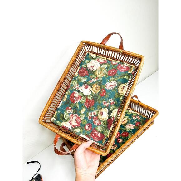 Vintage Wicker Serving Trays with Fabric Liner (set of 2) - Picture 2 of 10